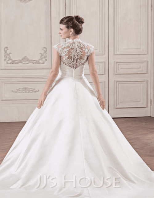 Ball Gown Princess V neck Court Train Satin Lace Wedding Dress With Ruffle