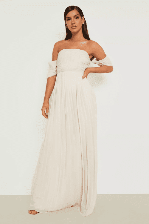 10. PLEATED BARDOT BRIDESMAID MAXI DRESS