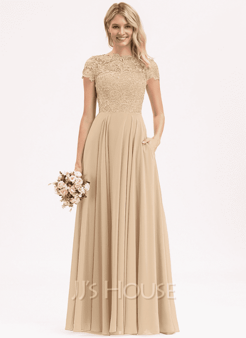 11. A-Line Scoop Neck Floor-Length Chiffon Lace Bridesmaid Dress With Pockets