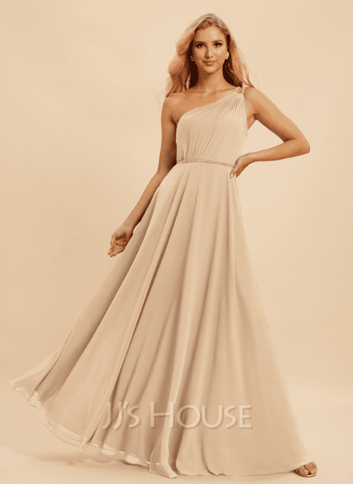 13. A-Line One-Shoulder Floor-Length Bridesmaid Dress With Beading Sequins