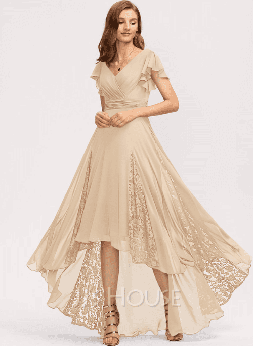 14. A-Line V-neck Asymmetrical Chiffon Bridesmaid Dress With Ruffle Lace