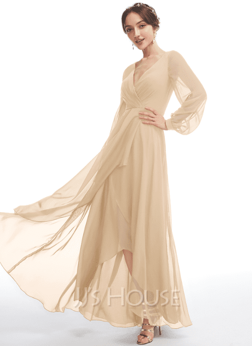 15. A-Line V-neck Asymmetrical Bridesmaid Dress With Ruffle