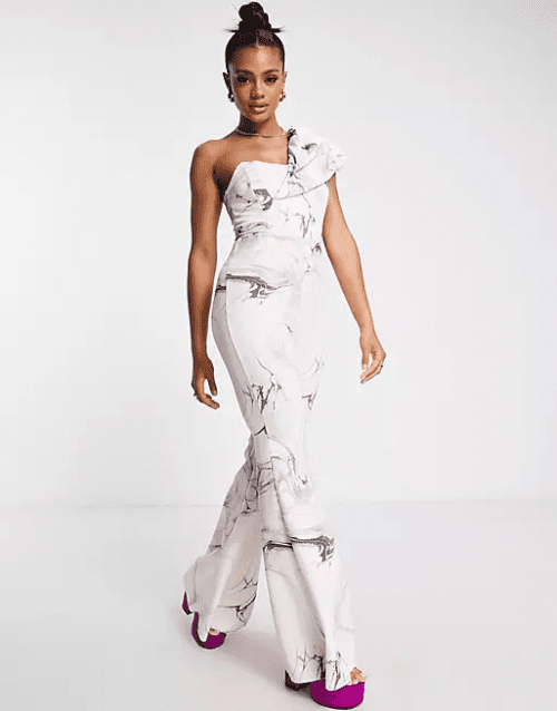 15. ASOS DESIGN scuba one shoulder kick flare jumpsuit in marble print
