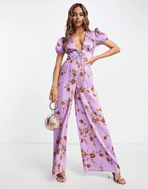16. ASOS DESIGN satin tea jumpsuit with puff sleeve in floral print