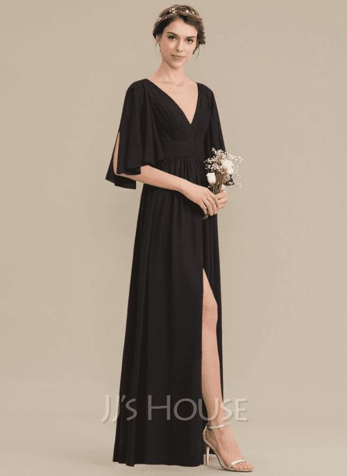 22. A-Line V-neck Floor-Length Chiffon Bridesmaid Dress With Ruffle Bow(s) Split Front