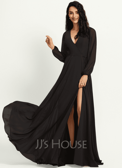 23. A-Line V-neck Floor-Length Bridesmaid Dress With Split Front