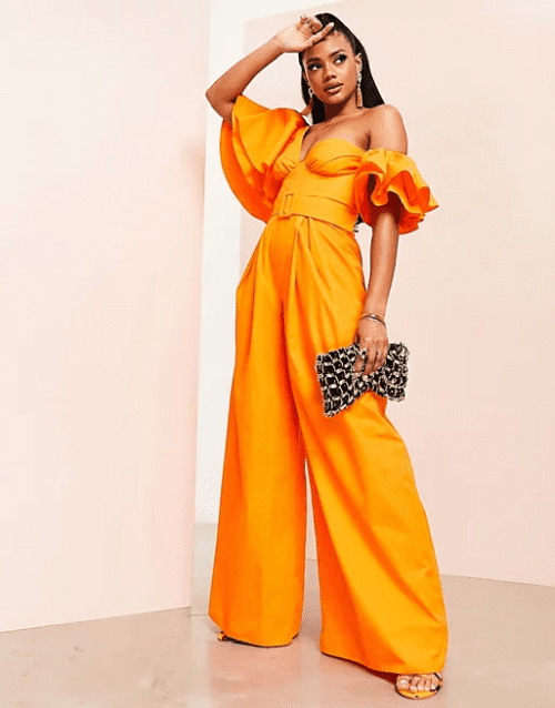 23. ASOS LUXE one shoulder belted poplin jumpsuit in orange