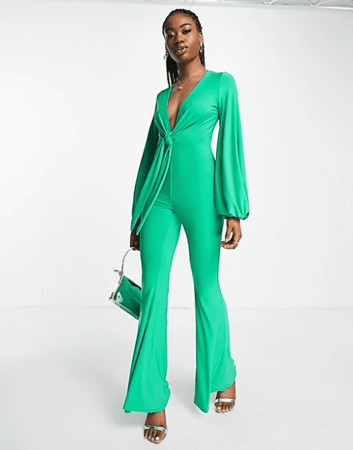 24. ASOS DESIGN glam plunge tie front jumpsuit in slinky in green
