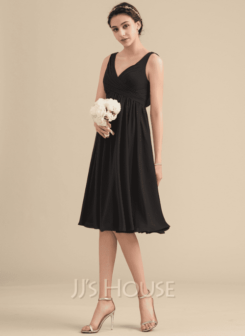 24. Empire V-neck Knee-Length Chiffon Bridesmaid Dress With Cascading Ruffles