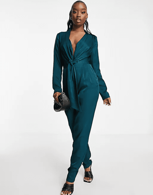 33. Aria Cove plunge front drape detail jumpsuit in emerald green