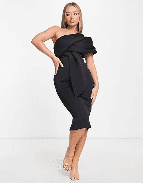 5. ASOS DESIGN peekaboo shoulder gathered midi pencil dress in black