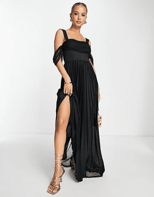 6. ASOS DESIGN mesh off shoulder pleated maxi dress in black