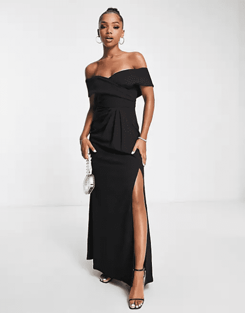 7. Little Mistress lace insert bandeau maxi prom dress in black