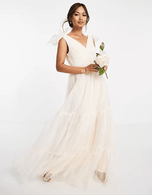 8. ASOS DESIGN tulle bow tie tiered maxi dress in champagne