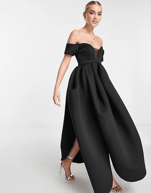 9. ASOS DESIGN off shoulder mesh insert cocoon maxi prom dress in black